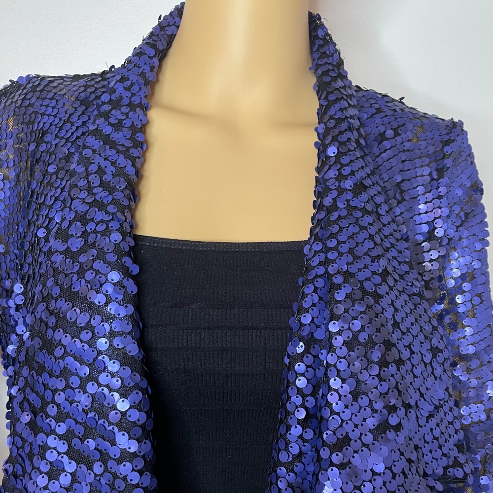 Vintage royal blue sequin layered shawl sweater jacket w ruffles in front 👑 - Picture 3 of 15